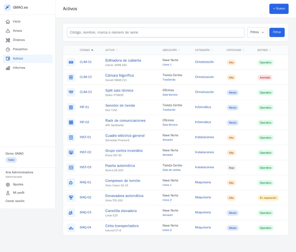 The asset list in onCMMS with search and filters