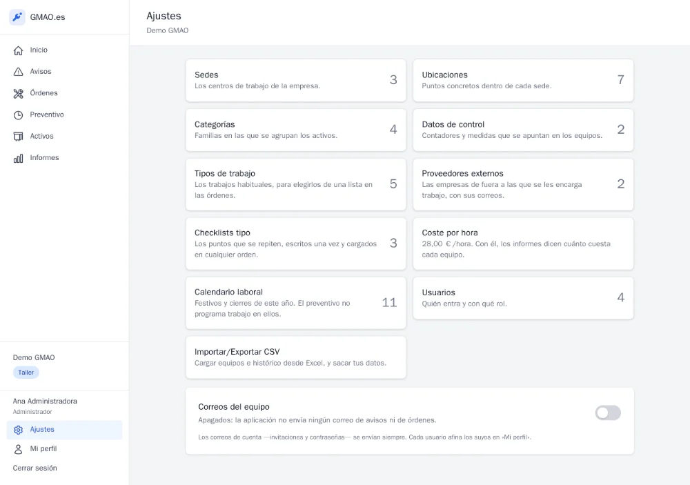 The settings home of the application, with sites, users, categories and CSV import