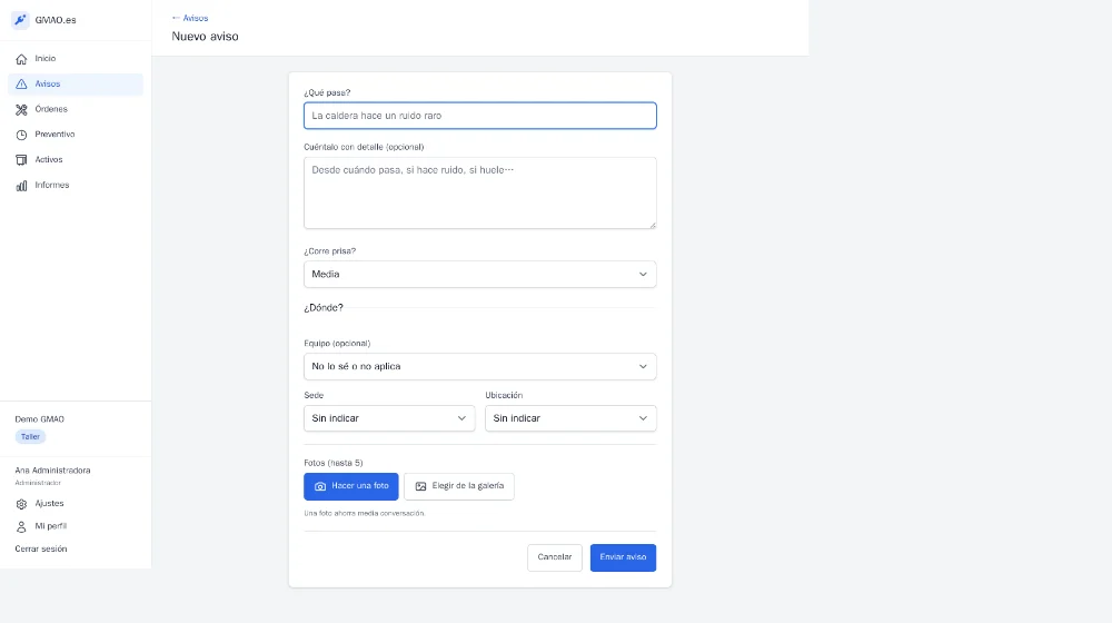 The new request form in onCMMS