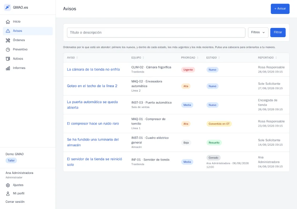 The maintenance requests list in onCMMS with filters by status and priority