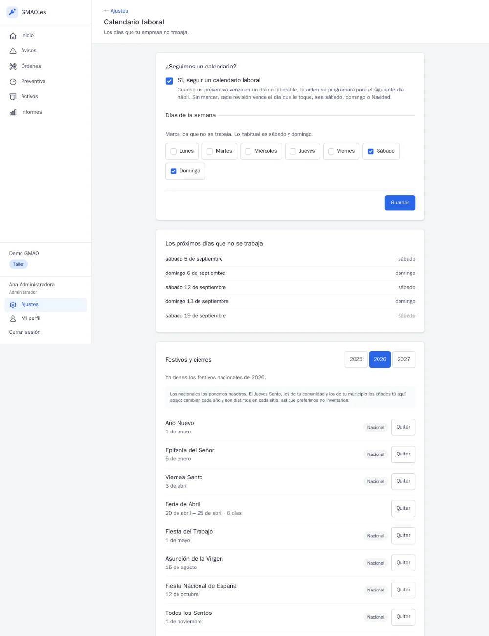 Working calendar settings in onCMMS: days off, holidays and shutdowns
