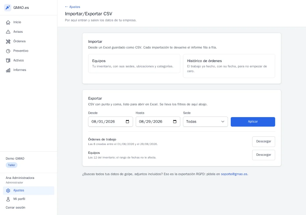 The CSV import and export screen in onCMMS settings