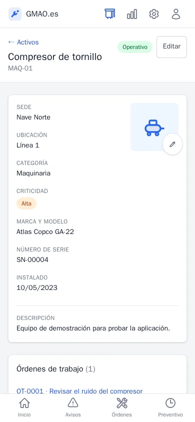 An asset sheet in onCMMS on a phone, with hour meter readings and their chart