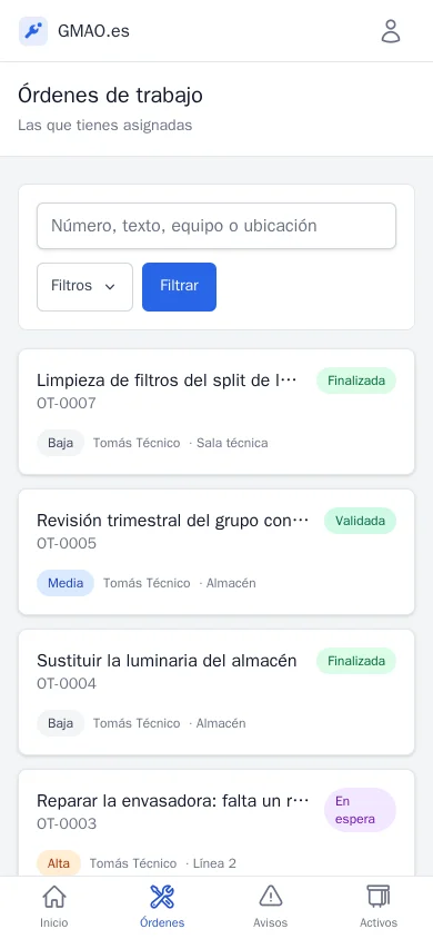 The work orders list in onCMMS on a phone