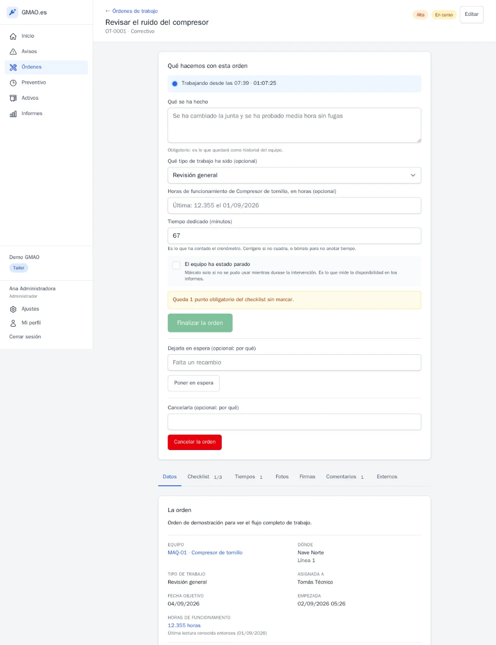 A work order in onCMMS with checklist, time entries, signatures and history