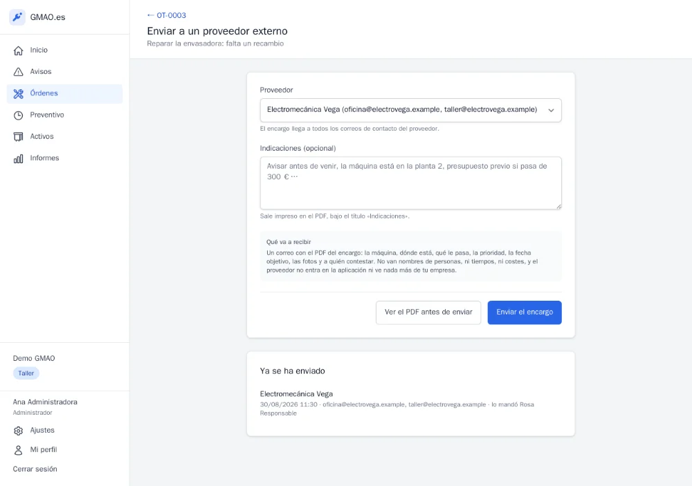 The onCMMS screen for sending a work order to an external contractor